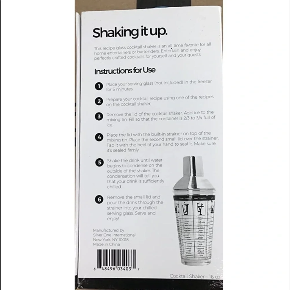 Recipe Cocktail Shaker Stainless Steel Glass Recipes Shaker 16 OZ NWT New In Box